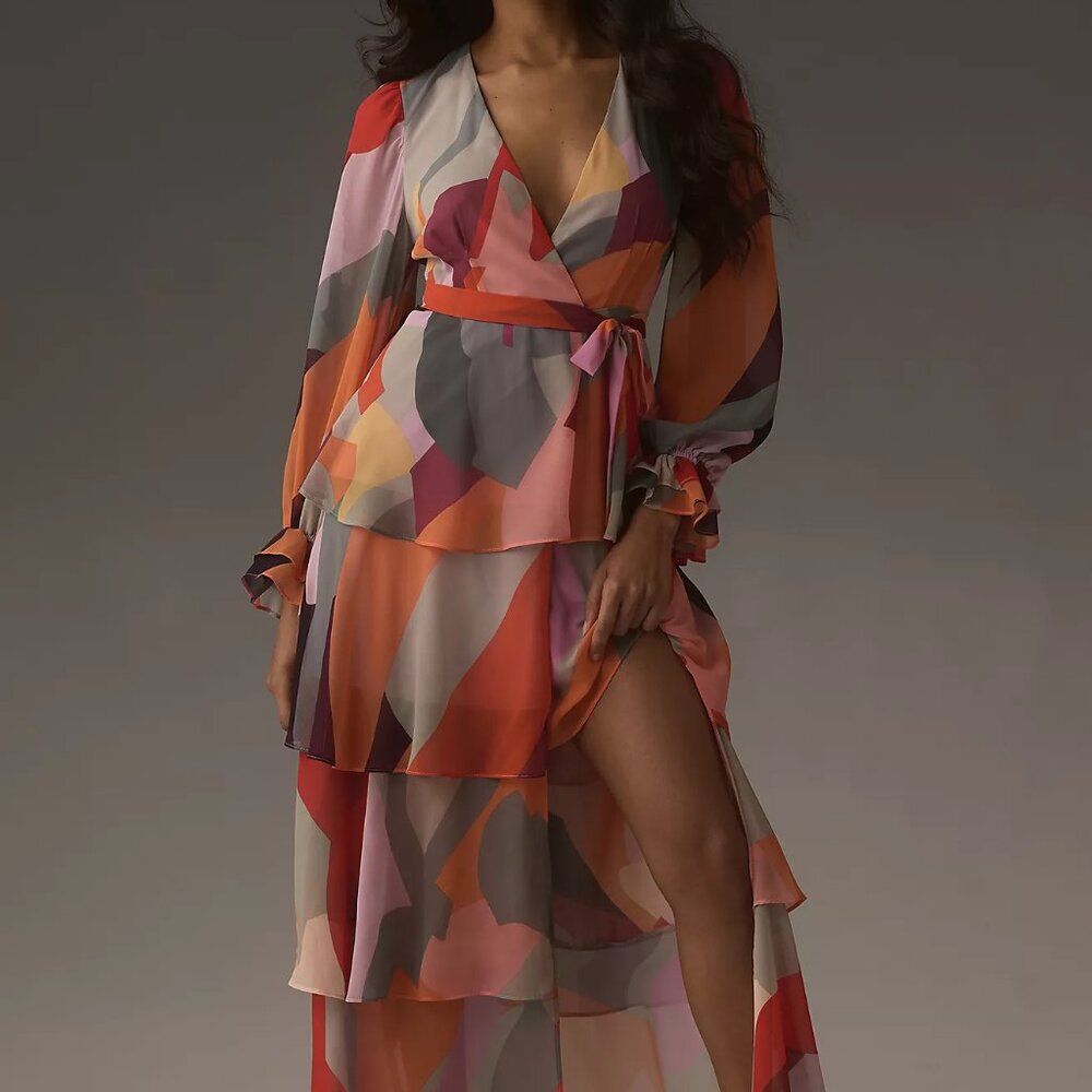 Hutch Geometric Print V-neck Tiered Wrap Maxi Dress